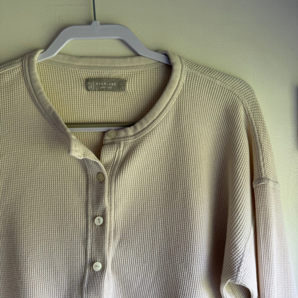 Everlane Organic Cotton Waffle Cardigan Cream Cropped Thermal Sweater Womens L - Picture 2 of 8